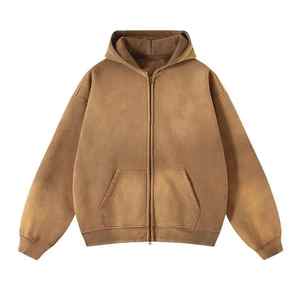 Sweat-shirt à capuche zippé Streetwear de qualité imprimé de logo personnalisé 100% coton 400gsm Vintage Double couche lavage à l'acide soleil délavé en détresse unisexe - Product Image 1