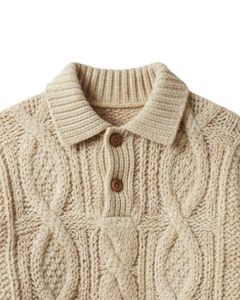 Manufacturer Mens <b>Cable</b> <b>Knit</b> Polo <b>Sweater</b> Long Sleeve Button Neck Casual Winter Pullover Top In Beige For Wholesale Bulk Order - Product Image 4