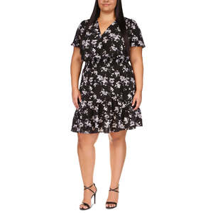 Robe Courte Cache-Cœur en Chiffon Noir à Imprimé Floral Botanique Taille Empire pour Femme Grande Taille Michael Kors - Product Image 1