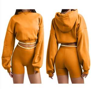 Ensemble court deux pièces délavé à l'acide pour femmes gros Logo personnalisé haut court à capuche short à capuche tenue tissu polaire 100% coton - Product Image 4