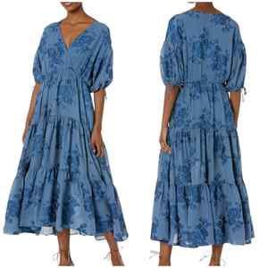 Ted Baker London Women's Blue Floral Print Puff Sleeve Faux Wrap Empire Waistline A-Line Midi <b>Dress</b> Size 2 <b>Romantic</b> Chiffon - Product Image 1