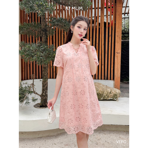 ชุดเดรสคลุมท้องคอวีนุ่มใส่สบายปักลายดอกไม้สีชมพูระบายอากาศได้ดีและไม่ซีดจางสำหรับ Summer-V1310 - Product Image 3