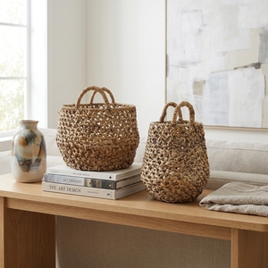 Natural Hand Woven Banana Bark <b>Basket</b> Set Open Web Net <b>Mesh</b> Belly Pot Planter Pure Art Arch Handle Decor Setup Room Design Craft - Product Image 6