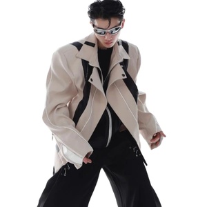 Veste en cuir pour hommes Patchwork cuir bloc de couleur américain High Street manteaux épaule rembourré tendance pilote Outwear - Product Image 1
