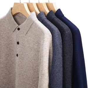 2024 automne hiver hommes d'affaires décontracté coton mélangé laine pull Mature mâle haut rabattu tricoté pour Polo col solide - Product Image 6