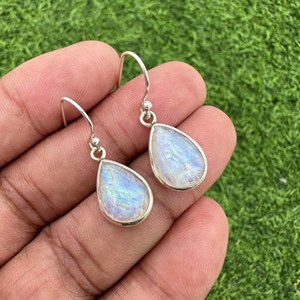 Handmade Bohemian Style Solid 925 Sterling Silver Drop <b>Earrings</b> with 10x14mm Natural Rainbow <b>Moonstone</b> Stone Size - Product Image 2