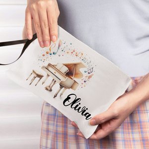 Pochette à cosmétiques personnalisée en lin pour instrument de musique avec nom, sangle de poignet, fermeture éclair, logo personnalisé, cadeau d'anniversaire pour musicien, amateur de musique - Product Image 3