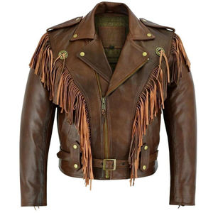 <b>Mens</b> Brown Real Sheep Leather <b>Suede</b> Fringe <b>Jacket</b> Western Motorcycle Style Windproof Winter Outerwear With Turn Down Collar - Product Image 1