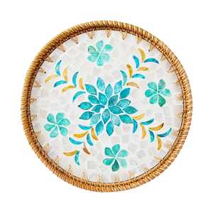 Plateau en osier OEM ODM avec incrustation de nacre, plateaux de service bohèmes, plateau de service en rotin tissé décoratif, décoration de table basse - Product Image 4