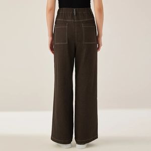 Pantalon en jean taille haute à jambe large pour femmes mélange de coton respirant motif solide Style décontracté Design avant plat pour le printemps automne - Product Image 2
