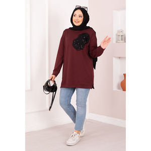 Túnica Hijab de Punto Color Borgoña Oysho con Bordado Floral, Ropa Elegante para Mujer - Product Image 3