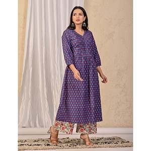 Ensemble Kurta Anarkali et pantalon imprimé bleu, style ethnique indien avec broderies, pour tenue de soirée, en coton filet - Product Image 6