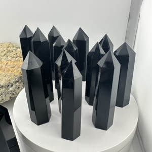 Tour d'artisanat en cristal d'obsidienne noire Obélisque en pierre naturelle et points de chakra Agate et pierre précieuse de quartz pour la guérison et la décoration - Product Image 5