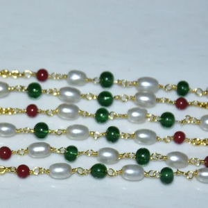 Hermosa Cadena de Rosario de cuentas múltiples de perla de arroz rubí Esmeralda chapada en oro. Cadena De Rosario Rondelle con cuentas de alambre para la fabricación de joyas - Product Image 1