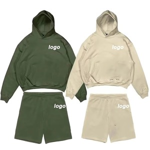 Vêtements de mode en coton 400Gsm, sweat-shirt pour homme avec fermeture éclair intégrale, surdimensionné, imprimé en 3D, ensembles de sweat-shirts et de shorts - Product Image 1