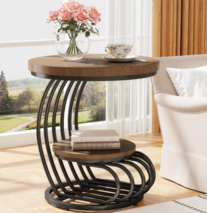 Mesa auxiliar redonda moderna con marco de Metal de 2 niveles, muebles de café para sala de estar contemporánea, mesa auxiliar para sofá de exportación artesanal para el hogar - Product Image 1