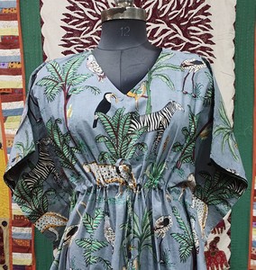 100 por ciento algodón indio Animal impreso Kaftan largo mujeres Casual cómodo verano étnico fiesta vestido - Product Image 1