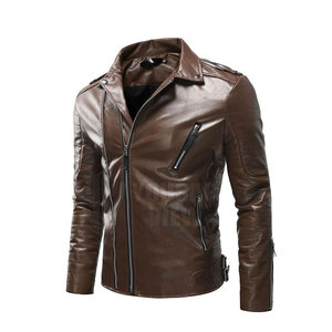 Veste en cuir PU marron pour homme, coupe ajustée, col rabattu, fermeture éclair, manches classiques, style automne - Product Image 1