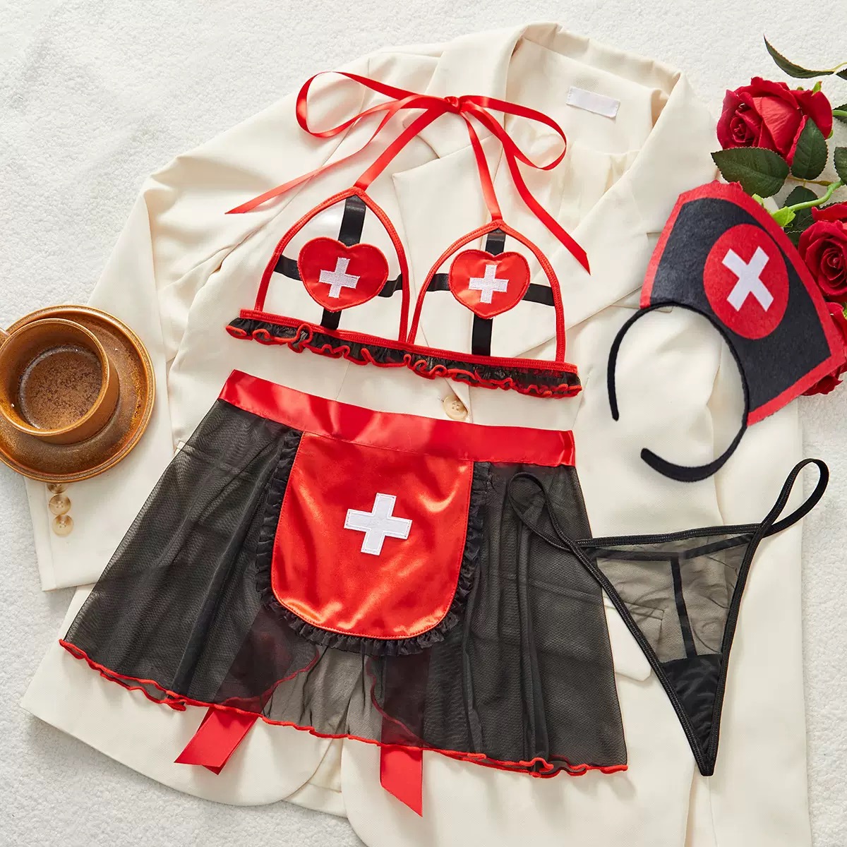 Vintage Nurse Lingerie Set - Sheer Tie Babydoll Fantasy