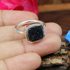 92.5 <b>Silver</b> Druzy Gemstone <b>Ring</b> Cushion Shape Dainty <b>Statement</b> Fine Jewelry Rhodium Plating Setting Black Druzy Gemstone <b>Ring</b> - Product Image 1