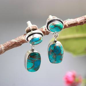 Boucles d'oreilles de style bohème plaqué argent sterling 925 à la mode bleu cuivre turquoise pierre précieuse pierre naturelle lunette anniversaire - Product Image 4