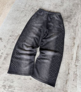 กางเกงจ็อกเกอร์ฮิปฮอปผู้ชายผ้าเฟรนช์เทอร์รี่ฟอกสีซีดแบบโอเวอร์ไซส์ทรงหลวมขาบานประดับคริสตัล - Product Image 3