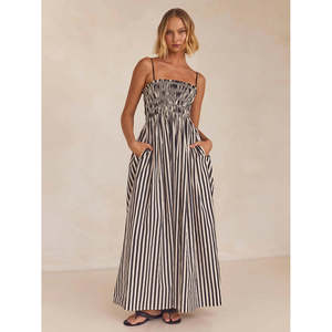 Elegante Abito a Righe con Scollo Quadrato e Spalline Sottili, Vita Elastica Arricciata, Stile Trendy da Festa, Taglia XS, Ideale per il Tempo Libero, la Chiesa o le Uscite Giornaliere - Product Image 1