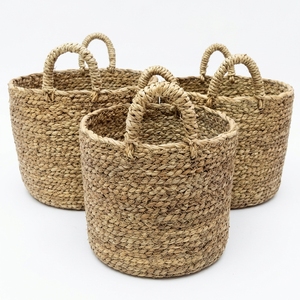 Juego de Cestas de Almacenamiento de Hierba Mendong Tejidas a Mano Naturales, Maceta Redonda Trenzada con Asa en Forma de Arco, Decoración para el Hogar, Diseño Artístico Puro - Product Image 1