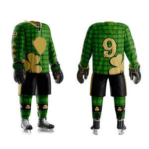 Uniforme de Hockey sobre Hielo Personalizado, Azul Claro con Gráfico de Montaña, Verde a Cuadros, Hoja de Trébol Cosida, Jersey, Pantalones Cortos, Calcetines, Conjunto Deportivo Completo para Equipo - Product Image 4