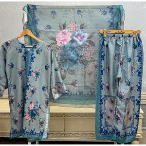 FUSION LAWN 3 PCS SUIT Casual <b>Chiffon</b> Fabric Three-Quarter Sleeves for Spring/Summer Style SL00250 - Product Image 1