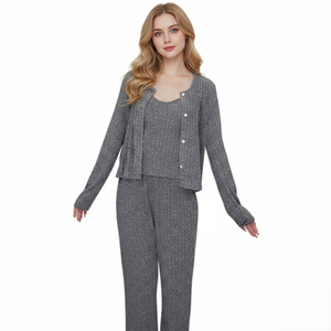 Wholesale Women Ribbed 3 Piece Pajama Set M-XL Plus Size Sleepwear Solid Rib-Knit <b>Cardigan</b> Camisole Pants Lounge Set In Stock - Product Image 1