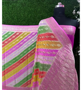 Sari en Chiffon Georgette Khaddi Pur, Tissage Banarasi, Motifs Zari Riches, Texture Fluide et Lisse, Séchage Rapide, Traditionnel - Product Image 3