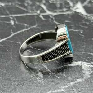 Handmade Mens <b>Turquoise</b> <b>Ring</b> Vintage Minimalist Sterling Silver Statement Jewelry Blue Stone Inlay 18K Perfect Gift for Him - Product Image 5