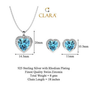 CLARA ชุดเครื่องประดับเงินแท้ 925 จี้รูปหัวใจสีฟ้าพร้อมต่างหูและสร้อย - Product Image 5
