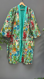 Frida Khalo Inspired Vintage Indian Kantha Jacket Long Quilted Cotton Robe Dressing Gown XL Size for Winter - Product Image 5
