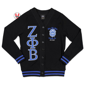 Long cardigan en tricot bleu avec garniture blanche vêtements de cérémonie de sororité avec logo brodé tenue grecque confortable et élégante - Product Image 5