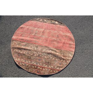 Vintage Turkish <b>Rug</b> 4.4 X 4.4ft Large Area Red Beige Wool Patchwork Design for Hallway <b>Bedroom</b> Rectangular Shape Latex Backing - Product Image 3