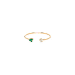 Anillo abierto de oro macizo de 14K hecho a mano, Juego de puntas de 0.03ctw, Diamante de corte redondo y esmeralda de corte redondo de 2,5mm, regalo de boda para ella - Product Image 2