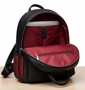 Sac à dos pour ordinateur portable en cuir véritable noir pour femmes avec fermeture à glissière Doublure en coton - Écologique Léger Sac de voyage Sac d'école - Product Image 1