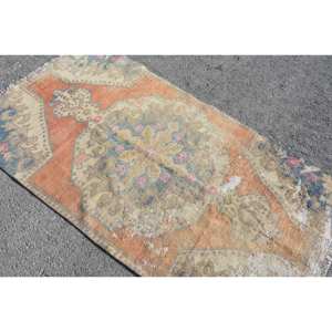 Alfombra clásica de retazos naranja y azul de 3,6x6,7 pies, alfombra de lana viscosa turca para sala de estar, forma de pasillo rectangular con respaldo de látex - Product Image 4