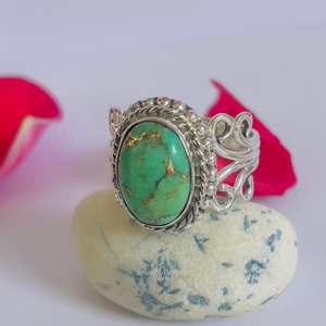 Anillo de plata verde cobre turquesa en Plata de Ley 925 hecho a mano piedra preciosa ovalada minimalista Boho joyería regalo para mujer - Product Image 2