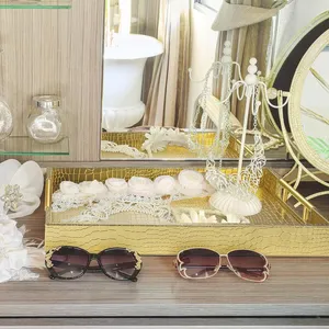 Elegant Modern Faux Leather Rectangular <b>Croc</b> Patterned Serving Tray with <b>Gold</b> Finishing for Ramadan and Weddings - Product Image 2