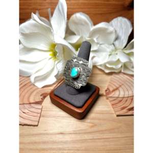 Tillie Jon Kingman <b>Boho</b> Style <b>Ring</b> Turquoise Sterling <b>Silver</b> Size 9 Bezel Setting Inlay Platinum Vermeil Rhodium Everyday Wear - Product Image 3