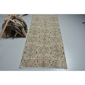 Vintage Turkish Rug Beige Brown 3.1x6.8ft Handmade Wool Large Area Patchwork Design Rectangular Hallway Pattern Latex for Rooms - Product Image 1