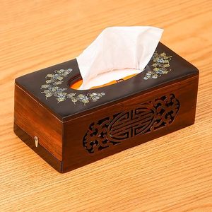 Soporte de caja de pañuelos de madera con aspecto vintage y superficie pulida Caja de pañuelos de madera de lujo con patrón de incrustaciones de latón decorativo - Product Image 6