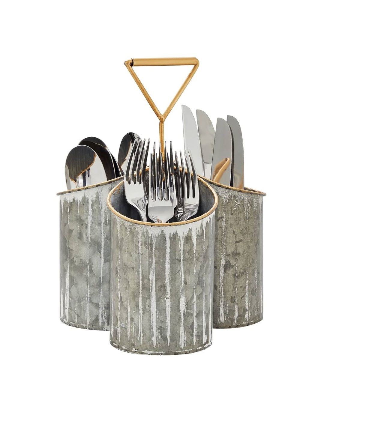 Farmhouse style galvanized utensil caddy organizer perfect for indoor dining table or outdoor picnic flatware storage