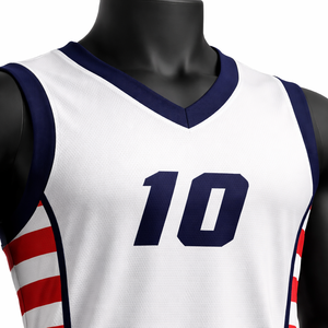 Ensemble de maillots de basket-ball unisexes personnalisés à manches courtes avec logo sur le devant, rayures blanches et rouges, col en V, sublimé, respirant, en polyester, taille adulte - Product Image 2
