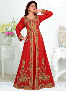 Caftanes islámicos Georgette bordados rojos con hijab a prueba de sol. - Product Image 2