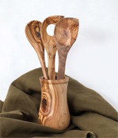 Porte-ustensiles rustique en bois d'olivier tunisien de haute qualité, fait main, 4 pièces, pour cuisine, écologique