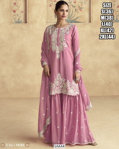 Punjabi bordado Sharara Palazo traje Dupatta con borlas cuello redondo mangas tres cuartos largo étnico Anarkali traje boda - Product Image 3